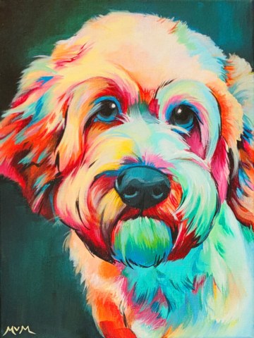 Kleurrijk schilderij met een realistisch huisdier portret van een hond