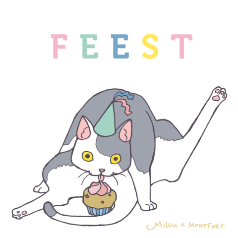 Illustratie van een kat met een feesthoedje die aan een cupcake likt. Strakke lijn en pastelkleuren. De tekst feest voor een verjaardagskaart.