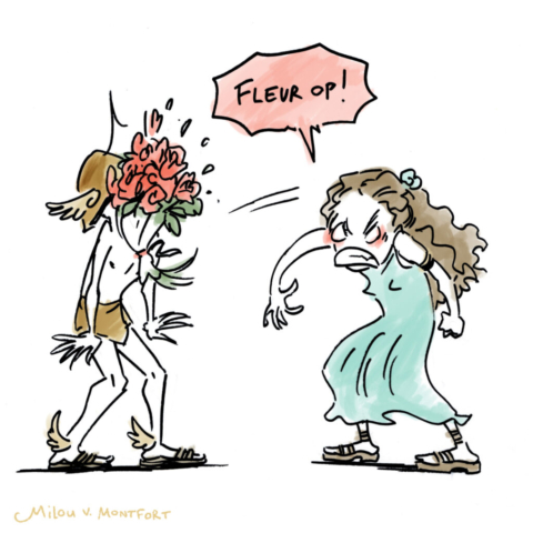 Cartoon tekening van Aphrodite en Hermes