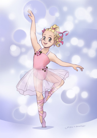 Vrolijke, kleurrijke illustratie van een ballerina in manga stijl
